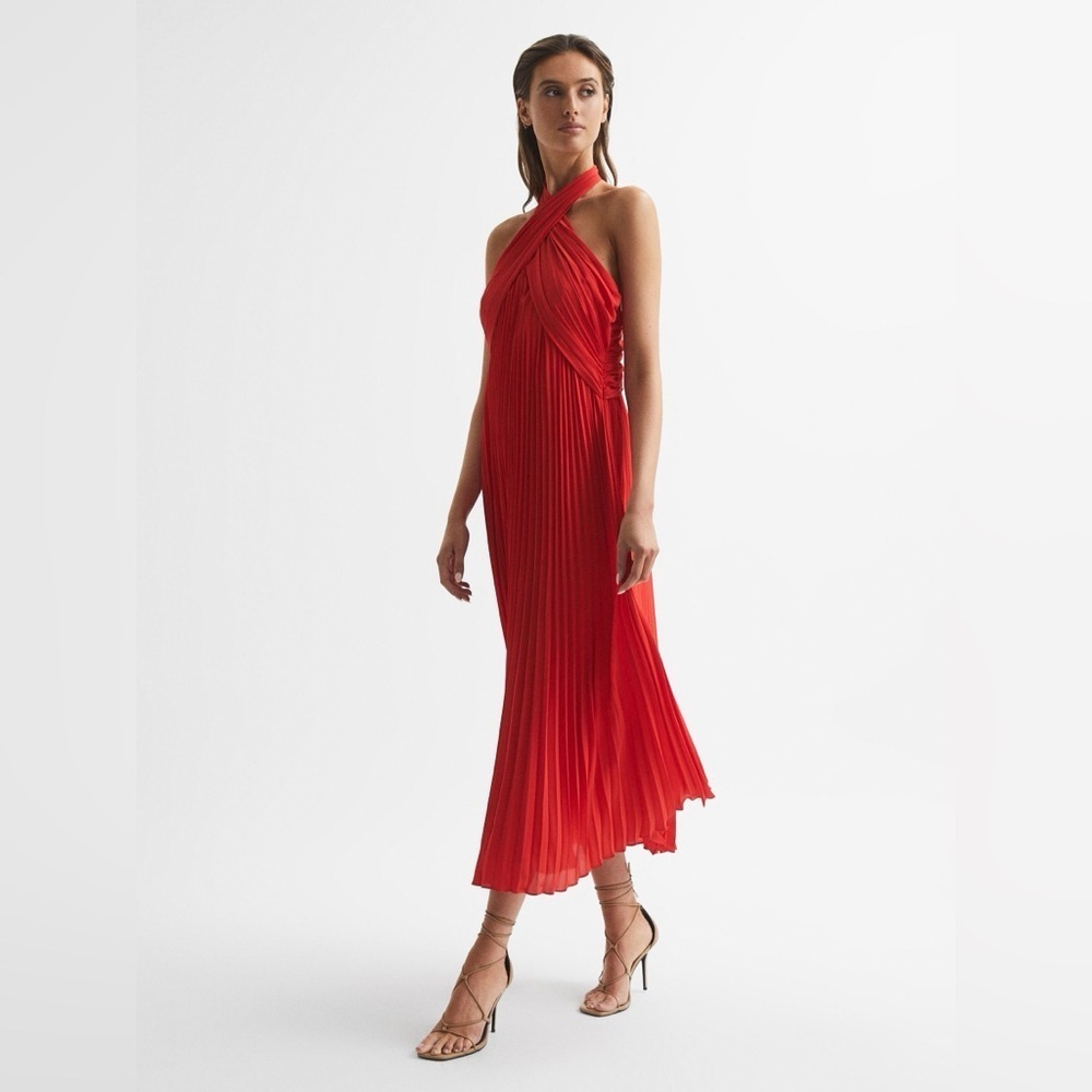 Reiss Roya Pleated Midi Dress Halter Formal Cocktail Red Size 10 SEE PHOTOS